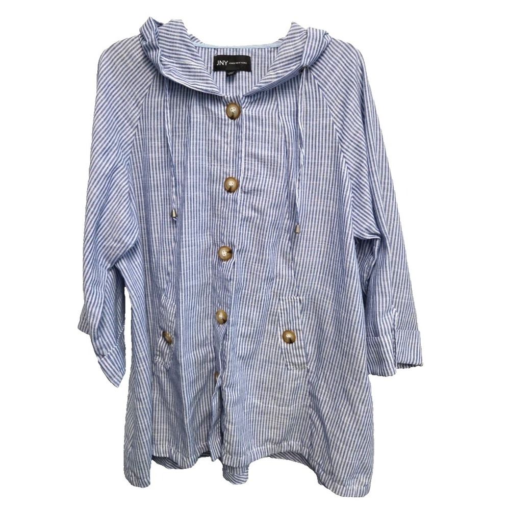 Jones New York 1X Linen Blend Shacket Top With Hood Blue White Striped Button